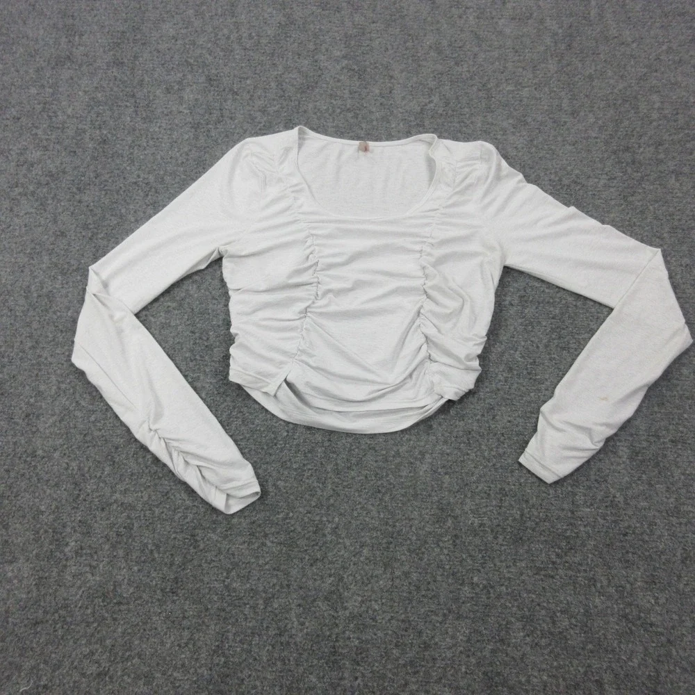 Free People Shirt Womens Small White Jersey Ruched Front Long Sleeve Crop Top